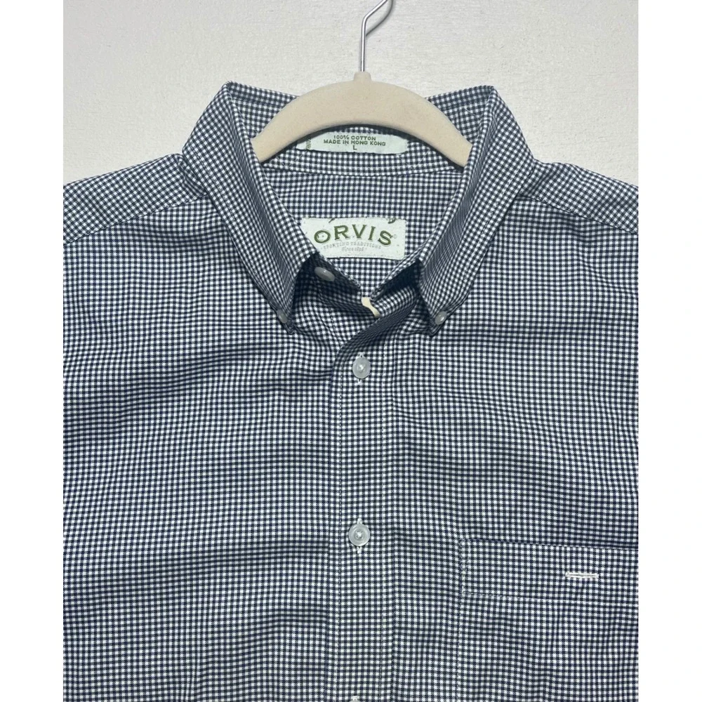 Orvis Mens Large Blue Gingham Check Button Down Shirt Long Sleeve 100% Cotton